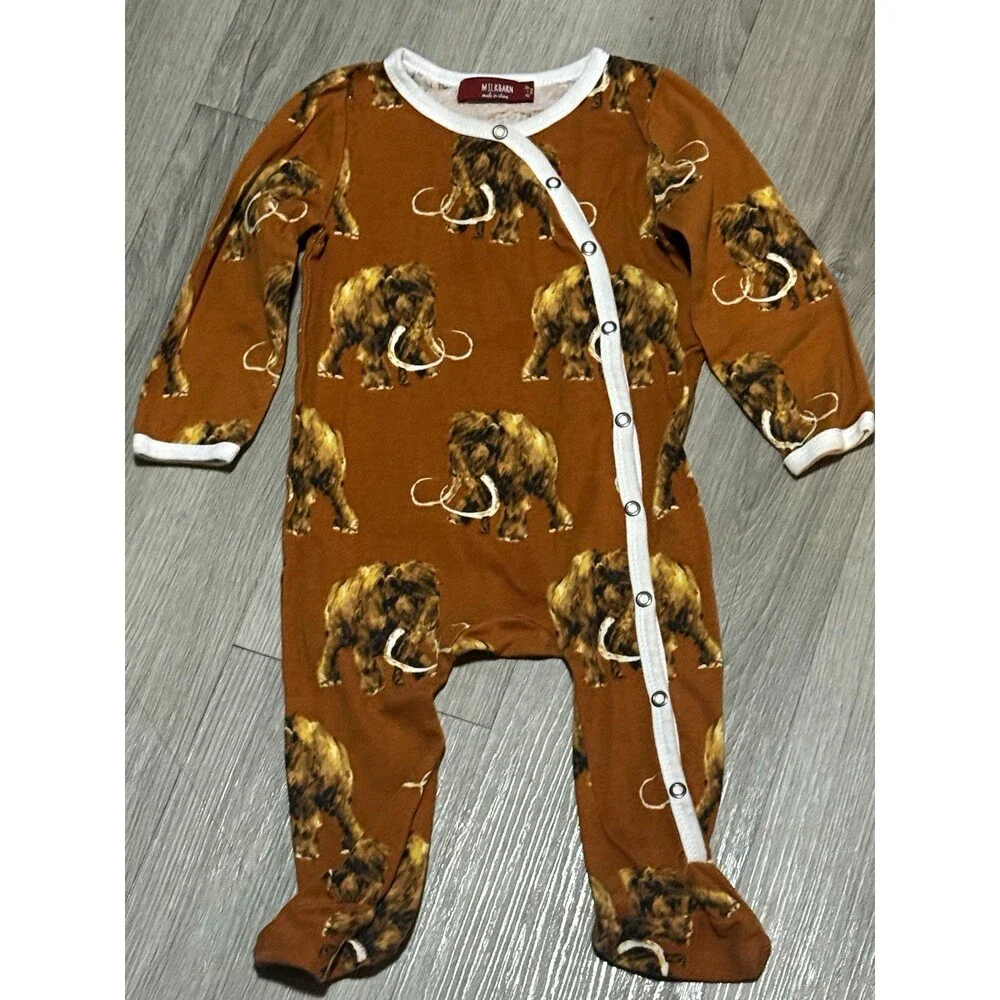 Milkbarn Baby Footed Sleeper One-Piece Snap Mammoth Print Brown 6-9M